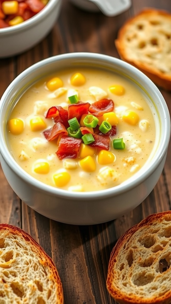 A hearty bowl of creamy corn chowder with bacon and green onions on a rustic table with bread.